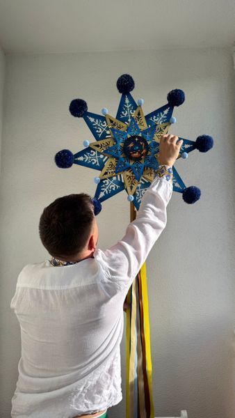 copy_Червона дерев'яна різдвяна зірка звізда 75 см з балабонами і стрічками XL002 фото
